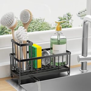 Cisily Black Sponge Holder for Kitchen Sink, Sink Caddy Organizer with High Brush Holder, Kitchen Countertop Organizers and Storage Essentials